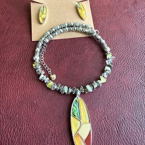 Artisan-Crafted Mosaic Pendant Necklace and Earring Set